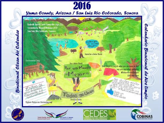 Dibujo de la portada de la edicion 2016 del Calendario, elaborado por la estudiante Lizbeth Yarely Soto Camacho, 13 años, de la Secundaria Miguel Hidalgo y Costilla 22, San Luis Rio Colorado, Sonora